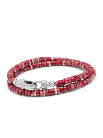 Nialaya Men's Beaded Bracelet Red Howlite Heishi Wrap Bracelet with Silver Red Howlite Heishi Wrap Bracelet with Silver